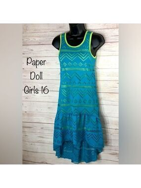 Paper Doll Girl Size 16 or W. Sm Teal Blue & Lime Layered Hi Low BEACH Dress
